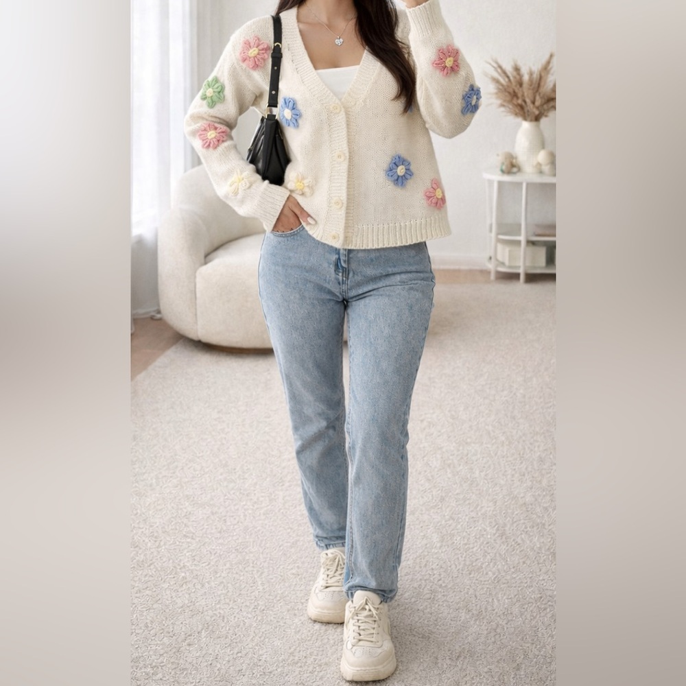 NEW Blossom Knit Cardigan Cream FloralButton-Up SweaterEmbroidered Cardigan - Picture 3 of 8